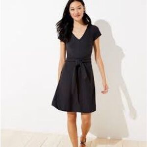 LOFT Black V-Neck Midi Dress with Waist Tie